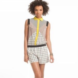 Trina Turk Clover 100% Silk Geometric Mixed Print Button Front Romper Large